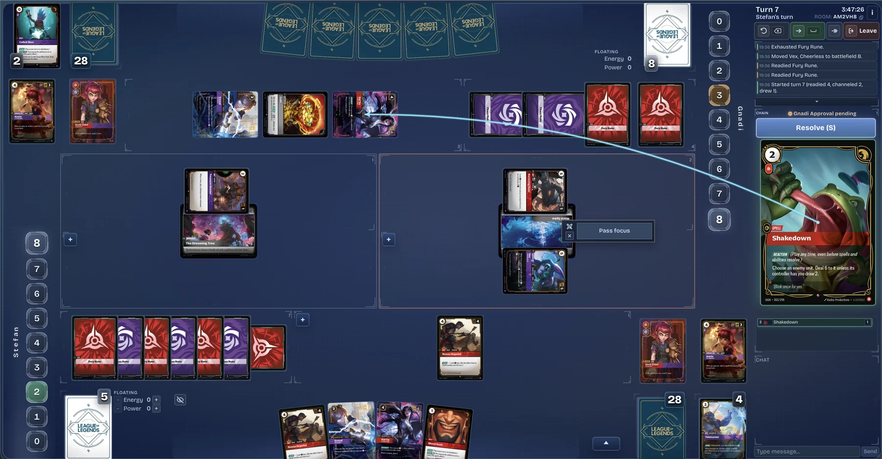 Rift Atlas simulator board showing a live match layout with both players, lanes, hands, and side panels.